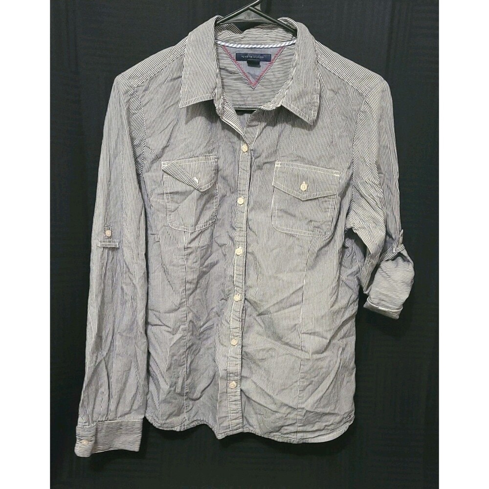 Tommy Hilfiger Women's L Button Up Shirt Striped Roll Tab Long Sleeve Preppy
